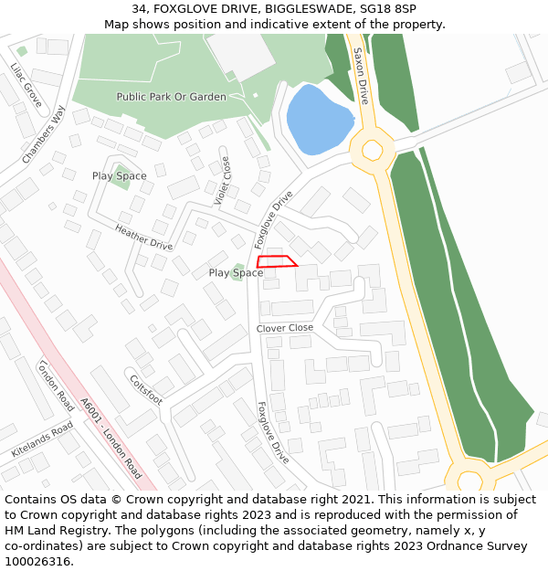 34, FOXGLOVE DRIVE, BIGGLESWADE, SG18 8SP: Location map and indicative extent of plot