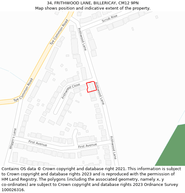 34, FRITHWOOD LANE, BILLERICAY, CM12 9PN: Location map and indicative extent of plot
