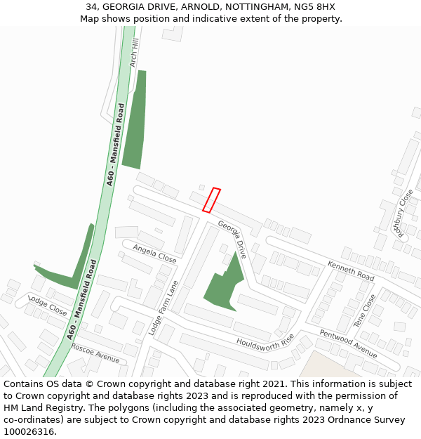 34, GEORGIA DRIVE, ARNOLD, NOTTINGHAM, NG5 8HX: Location map and indicative extent of plot