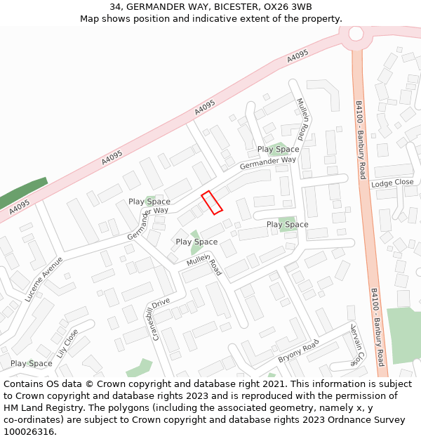 34, GERMANDER WAY, BICESTER, OX26 3WB: Location map and indicative extent of plot