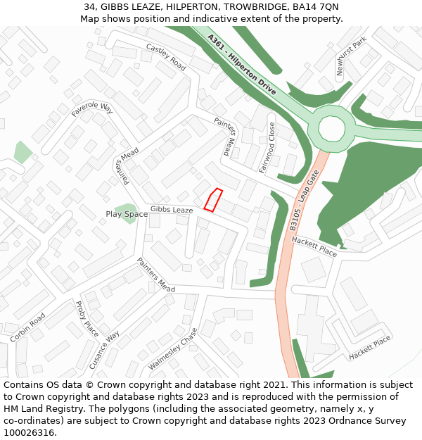 34, GIBBS LEAZE, HILPERTON, TROWBRIDGE, BA14 7QN: Location map and indicative extent of plot