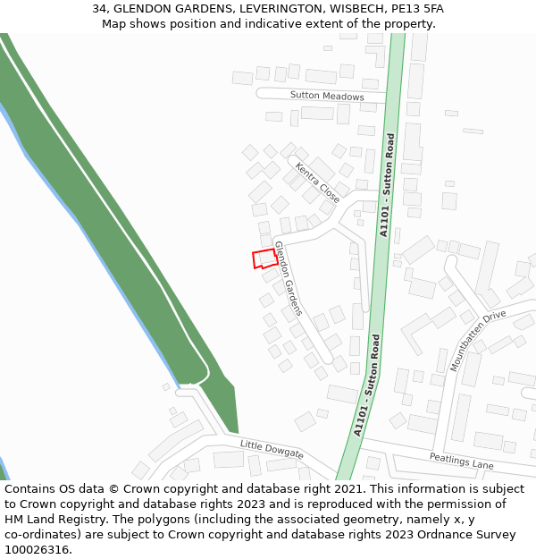 34, GLENDON GARDENS, LEVERINGTON, WISBECH, PE13 5FA: Location map and indicative extent of plot