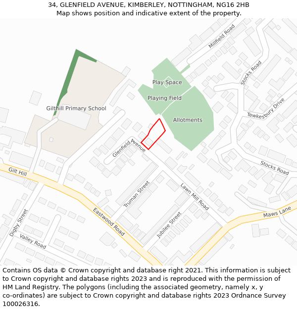 34, GLENFIELD AVENUE, KIMBERLEY, NOTTINGHAM, NG16 2HB: Location map and indicative extent of plot