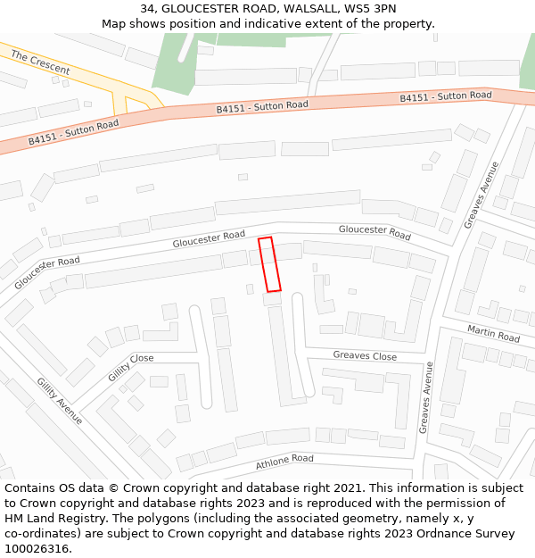 34, GLOUCESTER ROAD, WALSALL, WS5 3PN: Location map and indicative extent of plot