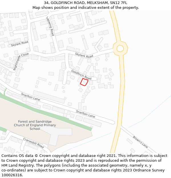 34, GOLDFINCH ROAD, MELKSHAM, SN12 7FL: Location map and indicative extent of plot
