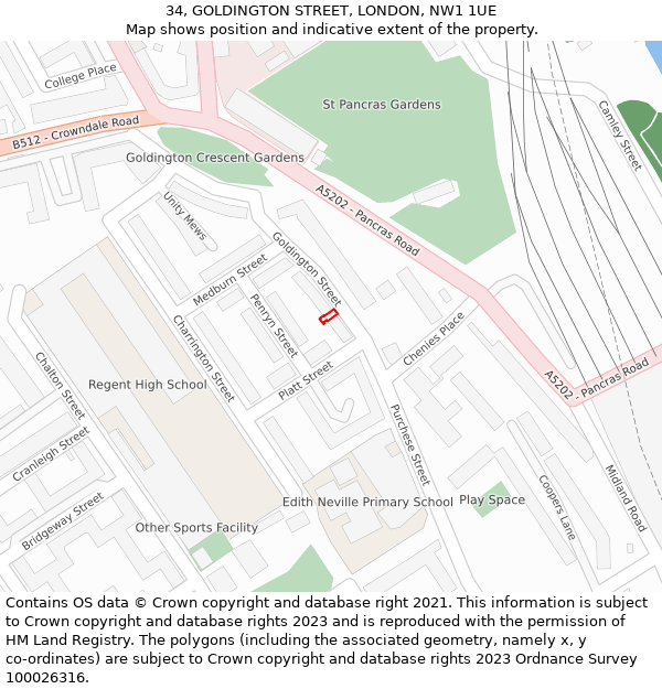 34, GOLDINGTON STREET, LONDON, NW1 1UE: Location map and indicative extent of plot