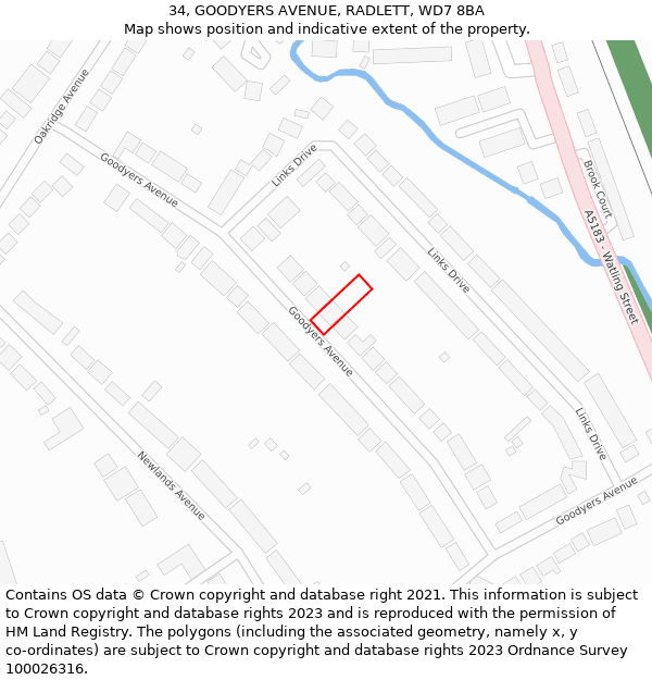 34, GOODYERS AVENUE, RADLETT, WD7 8BA: Location map and indicative extent of plot