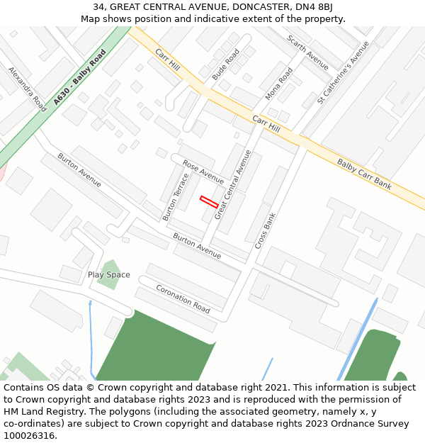 34, GREAT CENTRAL AVENUE, DONCASTER, DN4 8BJ: Location map and indicative extent of plot