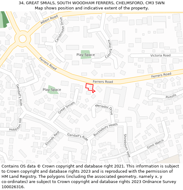 34, GREAT SMIALS, SOUTH WOODHAM FERRERS, CHELMSFORD, CM3 5WN: Location map and indicative extent of plot