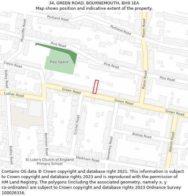 34, GREEN ROAD, BOURNEMOUTH, BH9 1EA: Location map and indicative extent of plot