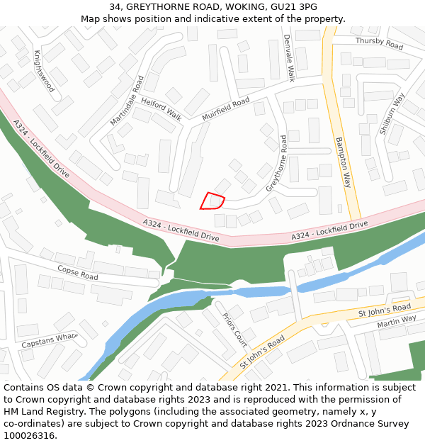 34, GREYTHORNE ROAD, WOKING, GU21 3PG: Location map and indicative extent of plot