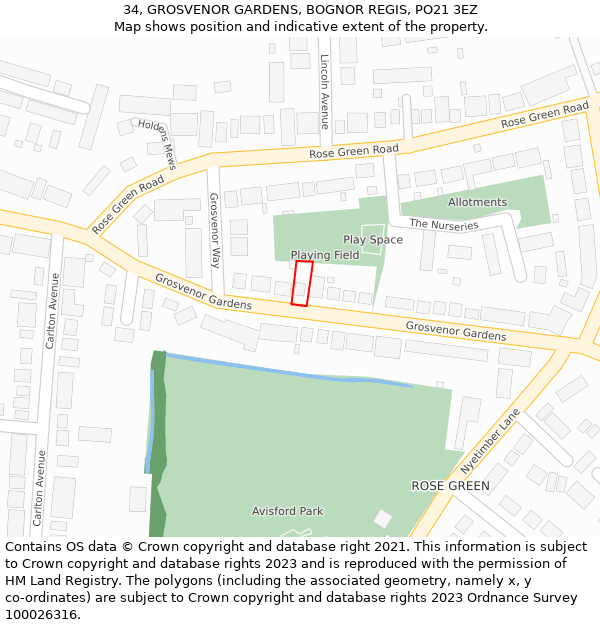 34, GROSVENOR GARDENS, BOGNOR REGIS, PO21 3EZ: Location map and indicative extent of plot