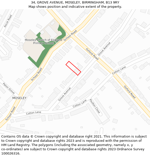 34, GROVE AVENUE, MOSELEY, BIRMINGHAM, B13 9RY: Location map and indicative extent of plot