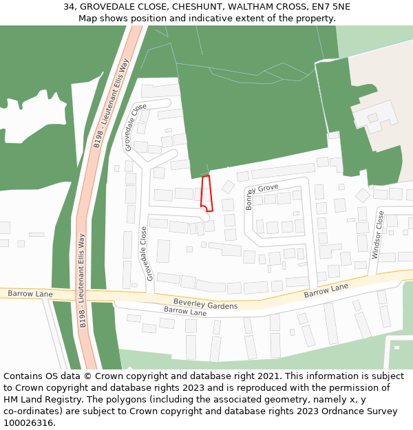 34, GROVEDALE CLOSE, CHESHUNT, WALTHAM CROSS, EN7 5NE: Location map and indicative extent of plot
