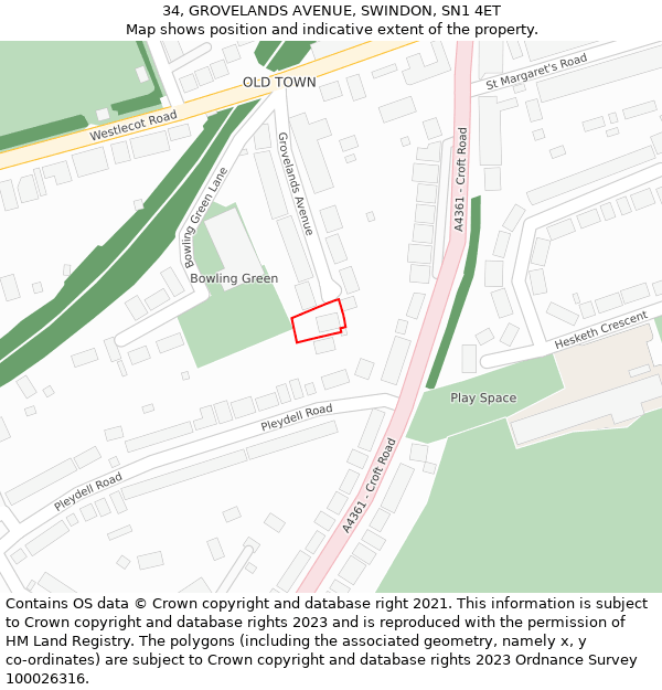 34, GROVELANDS AVENUE, SWINDON, SN1 4ET: Location map and indicative extent of plot