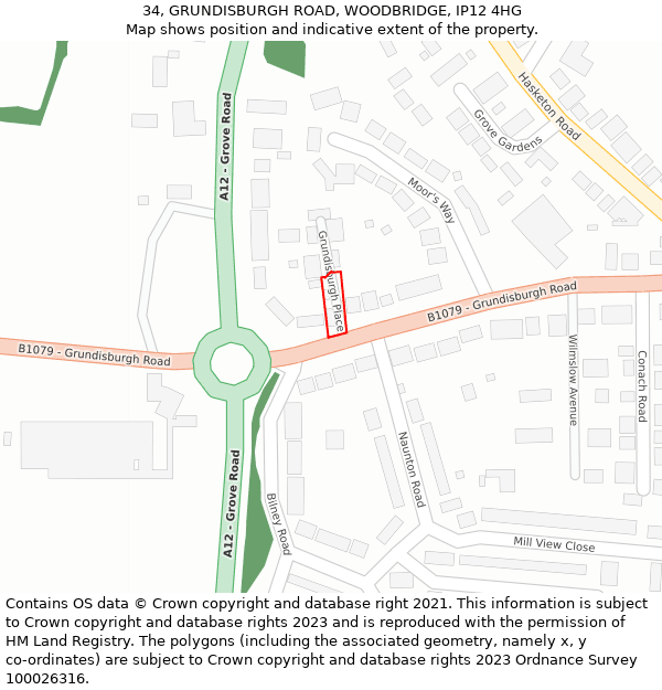 34, GRUNDISBURGH ROAD, WOODBRIDGE, IP12 4HG: Location map and indicative extent of plot