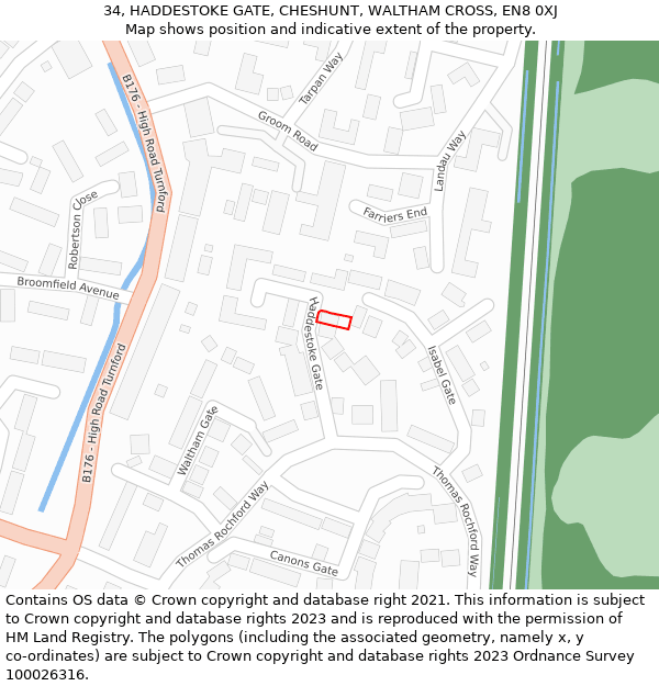 34, HADDESTOKE GATE, CHESHUNT, WALTHAM CROSS, EN8 0XJ: Location map and indicative extent of plot