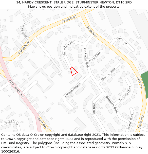 34, HARDY CRESCENT, STALBRIDGE, STURMINSTER NEWTON, DT10 2PD: Location map and indicative extent of plot