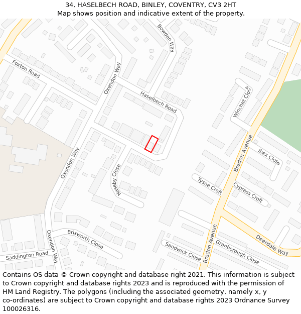 34, HASELBECH ROAD, BINLEY, COVENTRY, CV3 2HT: Location map and indicative extent of plot