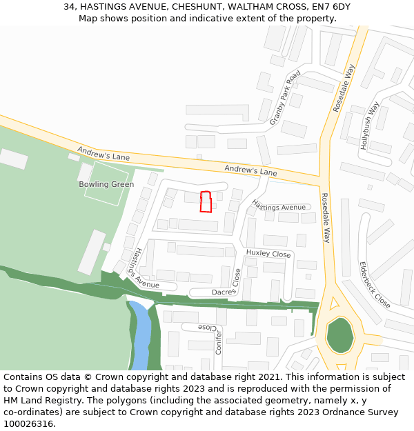 34, HASTINGS AVENUE, CHESHUNT, WALTHAM CROSS, EN7 6DY: Location map and indicative extent of plot