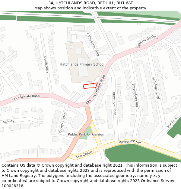 34, HATCHLANDS ROAD, REDHILL, RH1 6AT: Location map and indicative extent of plot