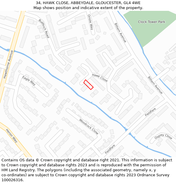 34, HAWK CLOSE, ABBEYDALE, GLOUCESTER, GL4 4WE: Location map and indicative extent of plot