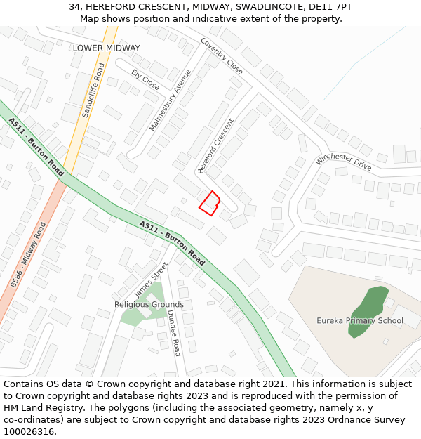 34, HEREFORD CRESCENT, MIDWAY, SWADLINCOTE, DE11 7PT: Location map and indicative extent of plot