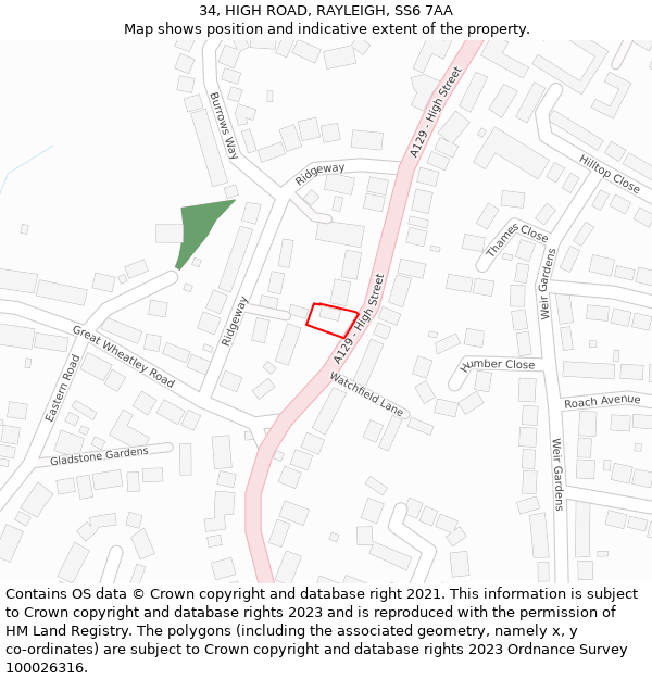 34, HIGH ROAD, RAYLEIGH, SS6 7AA: Location map and indicative extent of plot