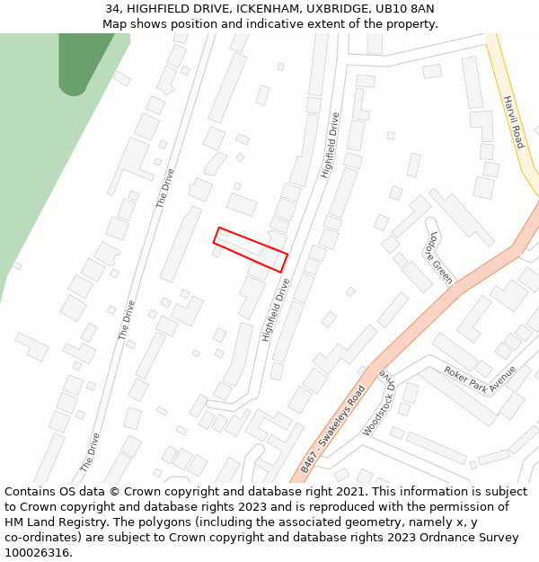 34, HIGHFIELD DRIVE, ICKENHAM, UXBRIDGE, UB10 8AN: Location map and indicative extent of plot