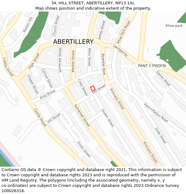 34, HILL STREET, ABERTILLERY, NP13 1AL: Location map and indicative extent of plot