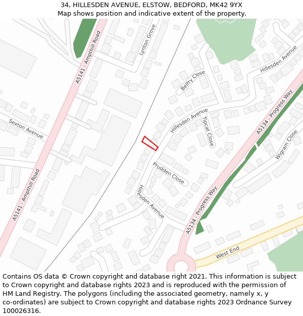 34, HILLESDEN AVENUE, ELSTOW, BEDFORD, MK42 9YX: Location map and indicative extent of plot