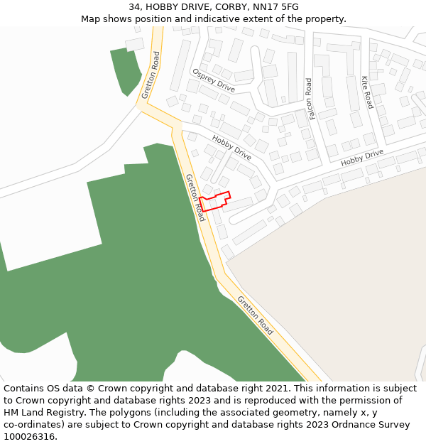 34, HOBBY DRIVE, CORBY, NN17 5FG: Location map and indicative extent of plot