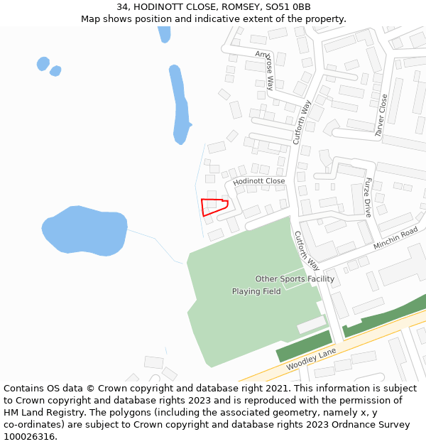 34, HODINOTT CLOSE, ROMSEY, SO51 0BB: Location map and indicative extent of plot