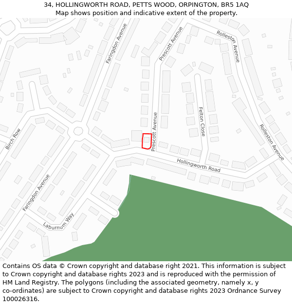 34, HOLLINGWORTH ROAD, PETTS WOOD, ORPINGTON, BR5 1AQ: Location map and indicative extent of plot