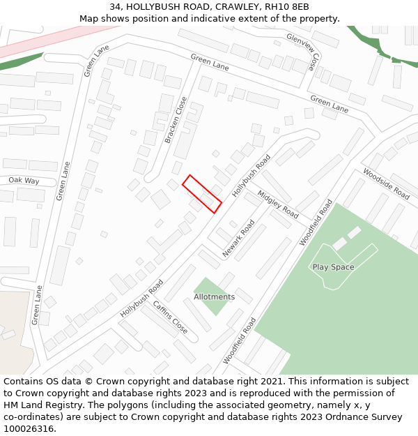 34, HOLLYBUSH ROAD, CRAWLEY, RH10 8EB: Location map and indicative extent of plot