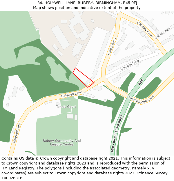 34, HOLYWELL LANE, RUBERY, BIRMINGHAM, B45 9EJ: Location map and indicative extent of plot