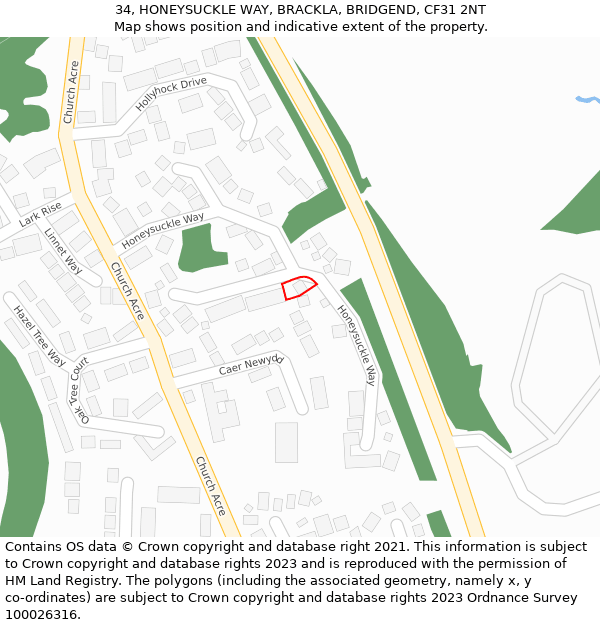 34, HONEYSUCKLE WAY, BRACKLA, BRIDGEND, CF31 2NT: Location map and indicative extent of plot