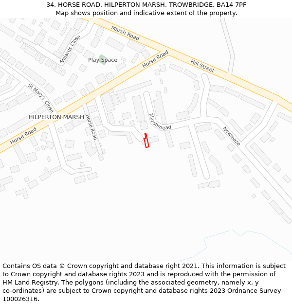 34, HORSE ROAD, HILPERTON MARSH, TROWBRIDGE, BA14 7PF: Location map and indicative extent of plot