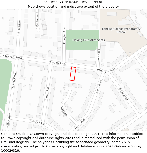 34, HOVE PARK ROAD, HOVE, BN3 6LJ: Location map and indicative extent of plot