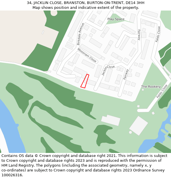 34, JACKLIN CLOSE, BRANSTON, BURTON-ON-TRENT, DE14 3HH: Location map and indicative extent of plot