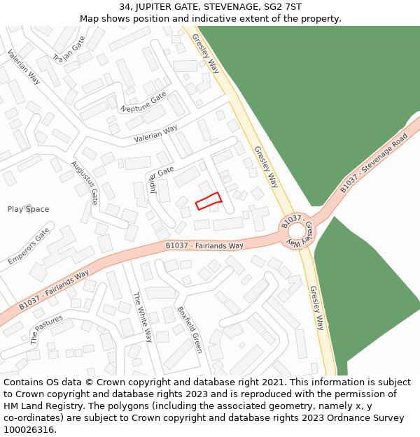 34, JUPITER GATE, STEVENAGE, SG2 7ST: Location map and indicative extent of plot