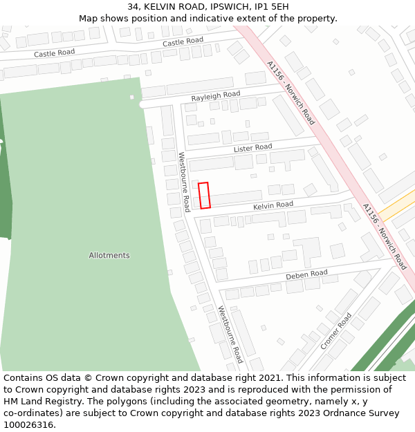 34, KELVIN ROAD, IPSWICH, IP1 5EH: Location map and indicative extent of plot