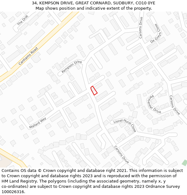 34, KEMPSON DRIVE, GREAT CORNARD, SUDBURY, CO10 0YE: Location map and indicative extent of plot