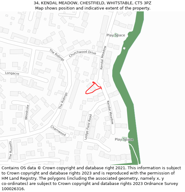 34, KENDAL MEADOW, CHESTFIELD, WHITSTABLE, CT5 3PZ: Location map and indicative extent of plot