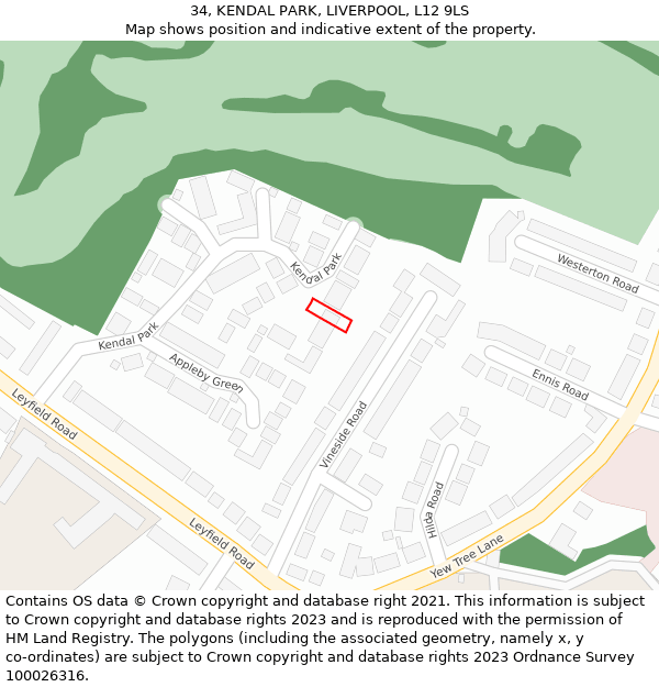 34, KENDAL PARK, LIVERPOOL, L12 9LS: Location map and indicative extent of plot