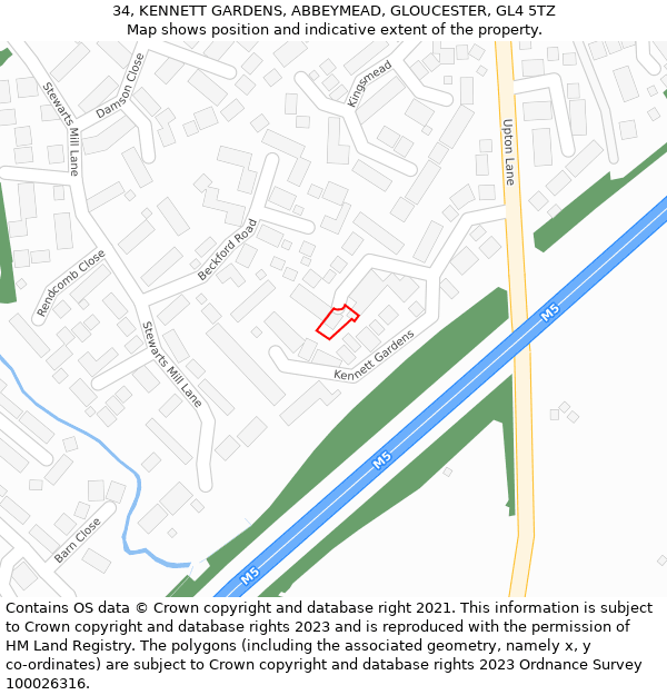 34, KENNETT GARDENS, ABBEYMEAD, GLOUCESTER, GL4 5TZ: Location map and indicative extent of plot