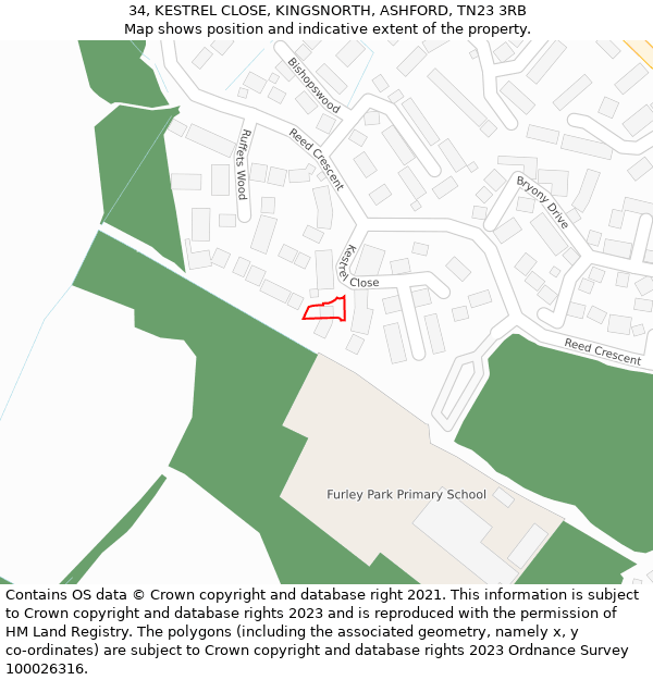34, KESTREL CLOSE, KINGSNORTH, ASHFORD, TN23 3RB: Location map and indicative extent of plot
