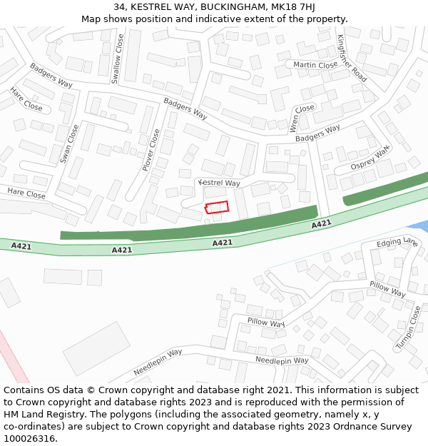 34, KESTREL WAY, BUCKINGHAM, MK18 7HJ: Location map and indicative extent of plot