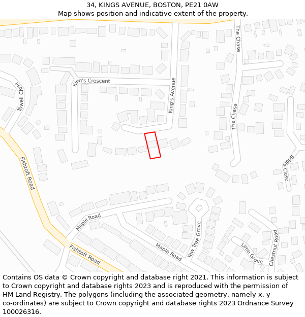 34, KINGS AVENUE, BOSTON, PE21 0AW: Location map and indicative extent of plot