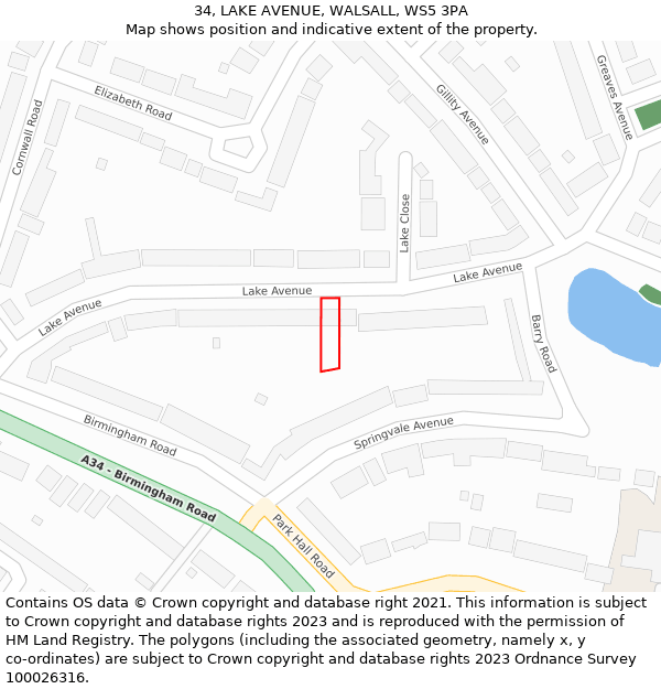34, LAKE AVENUE, WALSALL, WS5 3PA: Location map and indicative extent of plot